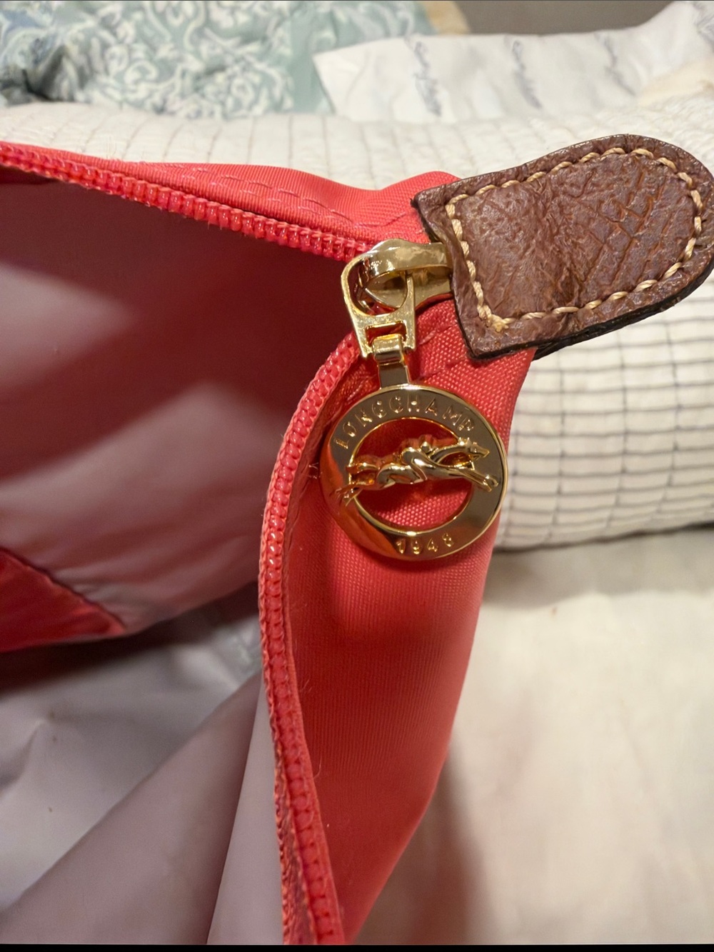 Longchamp Nylon Tote in Coral with Brown Trim - Picture 12 of 12